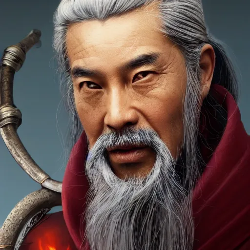 Image similar to portrait painting of a 6 0 year old kind handsome taoist priest, silver ponytail hair, amiable by yangjun chen, huang guangjian, fenghua zhong, wenjun lin, nadar, bright colors, octopath traveler, unreal engine 5 highly rendered, global illumination, radiant light, detailed and intricate environment