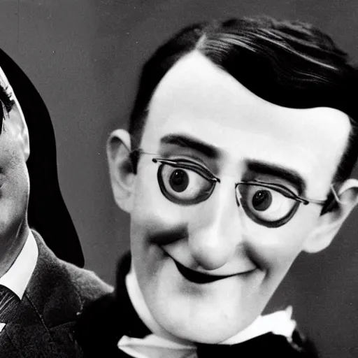 Image similar to a black and white photo of jacob rees - mogg as the childcatcher, chitty chitty bang bang