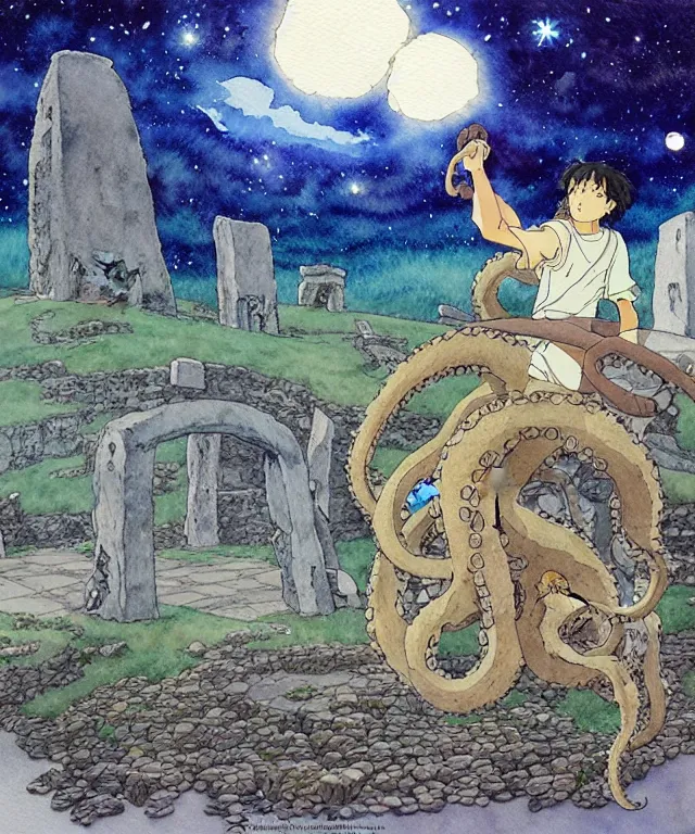 Image similar to a hyperrealist studio ghibli watercolor fantasy concept art. in the foreground is a giant grey octopus lifting and putting stones in to place on top of stonehenge with a starry sky. by rebecca guay, michael kaluta, charles vess