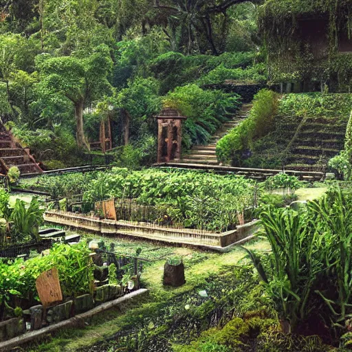 Prompt: highly detailed vegetable garden las pozas, lots of leaves, fence line, detailed. rule of thirds. intricate. sharp focus. wide angle. unreal engine 8 k. painting, wlop, cinematographer jom jarmusch, film noir.