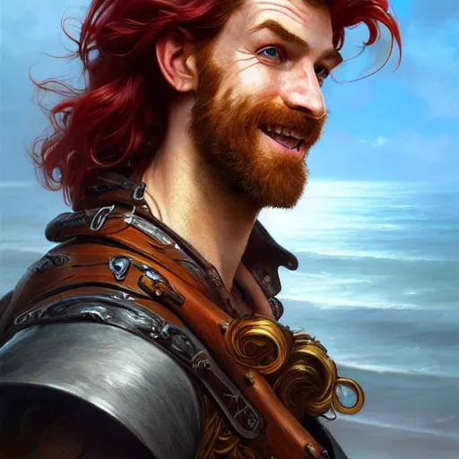 Image similar to portrait of a young ruggedly handsome but joyful pirate, male, masculine, upper body, red hair, long hair, d & d, fantasy, giddy smirk, intricate, elegant, highly detailed, digital painting, artstation, concept art, matte, sharp focus, illustration, art by artgerm and greg rutkowski and alphonse mucha