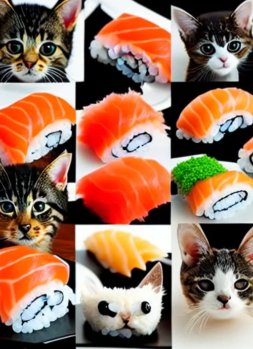 Image similar to clear photorealistic picture of adorable cats made out of sushi