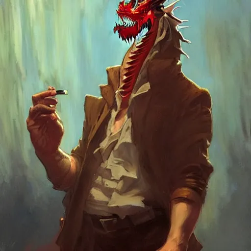 Image similar to A mafia man with a tobacco in his left hand, behind him is a Chinese dragon emanating a red aura of danger art by Craig Mullins, Simon Bisley, Gregory Manchess, Fernanda Suarez, Artem Demura, Alphonse Mucha, Donato Giancola, Jason Felix, Steve Argyle, Tyler Jacobson, Peter Mohrbacher, trending on artstation, digital art