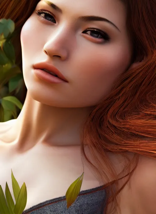 Image similar to photo of a gorgeous female in the style of stefan kostic, realistic, half body shot, sharp focus, 8 k high definition, insanely detailed, intricate, elegant, art by stanley lau and artgerm, extreme bokeh foliage