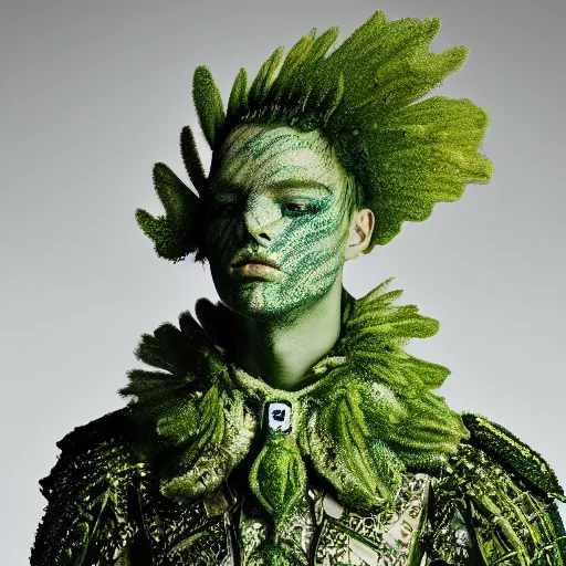 Image similar to a portrait of a beautiful young male wearing an alexander mcqueen armor made of algae , photographed by andrew thomas huang, artistic