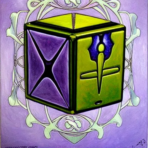 Prompt: beautiful art nouveau painting of companion - cube!!!!!!!!!!!!!!!!! companion - cube!!!!!!!!!!!!!!!!!