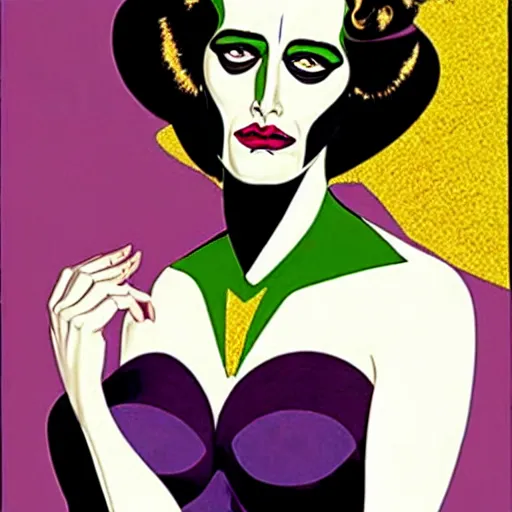 Image similar to Eva Green is Metamorpho, the Element Woman, Art by Coles Phillips, Chalk white skin, deep purple hair, Green eyes, Portrait of the actress, Eva Green as Metamorpho, carbon black and antique gold