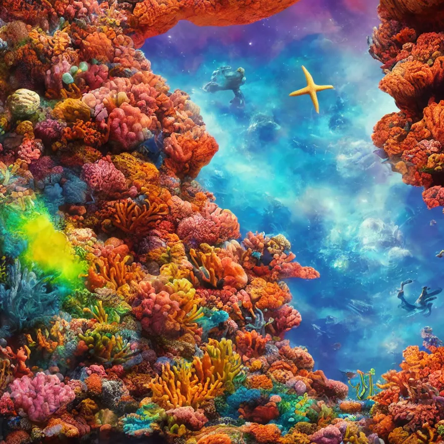 Image similar to album art of an alien planet made out of different coloured corals, with big starfish, creatures, rocky landscape, floating waterfalls, omni magazine, cinematic lighting, detailed