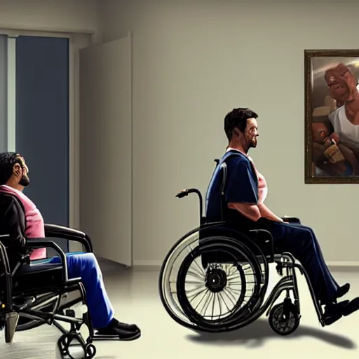 Image similar to a male patient in a wheelchair in the hospital with his wife and son standing by. happy, cheerful, smiling, intricate, sharp focus, artstation, cinematic, 8 k, art by greg rutkowski