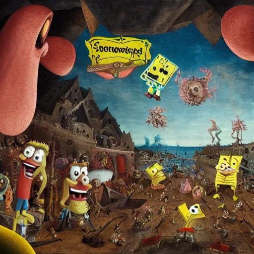 Image similar to spongebob squarepants in dante's inferno with trumpeters and demons, intricate detail, hieronymous bosch, whealan, hd, unreal engine