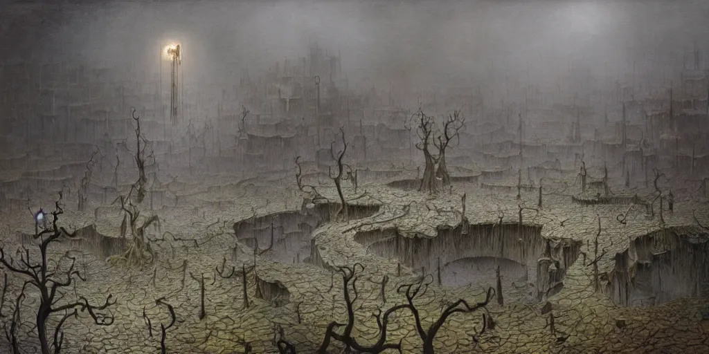 Image similar to the pits of despair, detailed matte painting of a foggy morning landscape by raqib shaw and alberto giacometti and beksiński and David Hocknet