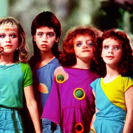 Image similar to still from 1983 live-action children's tv show about a girl who enters an eyeball cult color