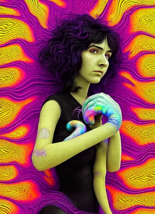 Prompt: hyper detailed 3d render like a Oil painting - Ramona Flowers with wavy black hair wearing thick mascara seen out Eating of the Strangling Strangling network of colorful yellowcake and aerochrome and milky and Her staring intensely delicate Hands hold of gossamer polyp blossoms bring iridescent fungal flowers whose spores black the foolish stars by Jacek Yerka, Mariusz Lewandowski, silly playful fun face, Houdini algorithmic generative render, Abstract brush strokes, Masterpiece, Edward Hopper and James Gilleard, Zdzislaw Beksinski, Mark Ryden, Wolfgang Lettl, Dan Hiller, hints of Yayoi Kasuma, octane render, 8k