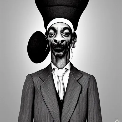 Image similar to a smiling Snoop Dog with a tall hat and a black and white striped suit, grunge, loony toons style, illustrated by zdzisław Beksiński and dr seuss., Trending on artstation, artstationHD, artstationHQ, 4k, 8k