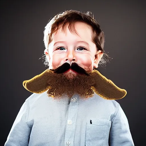 Image similar to toddler elon musk with long mustache and epic beard, 5 0 mm, studio lighting