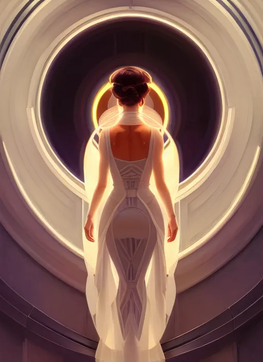 Prompt: symmetry!! portrait bride, going down the stairs, futurism, sci - fi, glowing lights!! intricate, elegant, highly detailed, digital painting, artstation, concept art, smooth, sharp focus, illustration, art by artgerm and greg rutkowski and alphonse mucha, 8 k