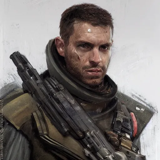 Image similar to portrait of a man by Greg Rutkowski, he is about 30 years old, he has short black hair in military-style, a straight jaw, he has a scar above one eyebrow, he wears Galactic Alliance military fatigues, Star Wars Expanded Universe, highly detailed portrait, digital painting, artstation, concept art, smooth, sharp foccus ilustration, Artstation HQ