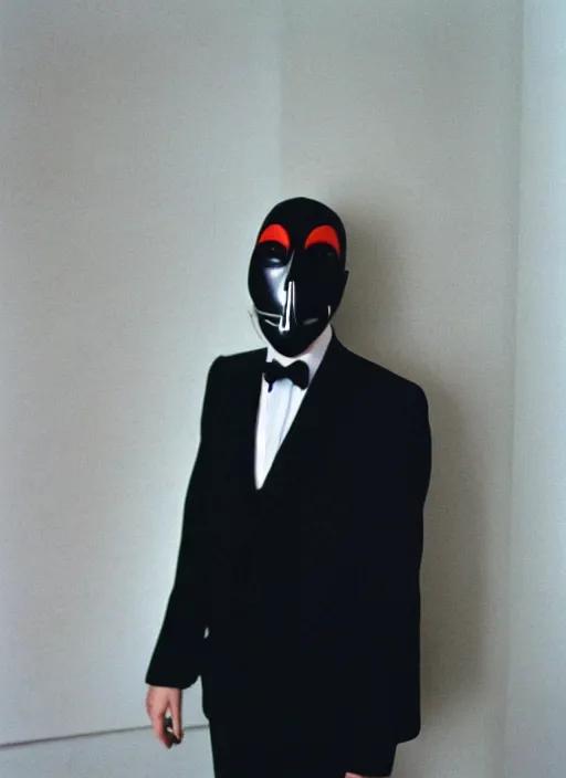 Image similar to a fashion portrait photograph of a man in a black suit wearing mask designed by jean paul gaultier, 3 5 mm, color film camera, pentax
