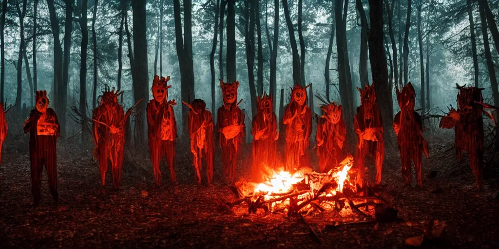 Prompt: forest hermits wearing scary wooden masks preparing a ritual around a wildly lit campfire in an ominous forest at night, photography