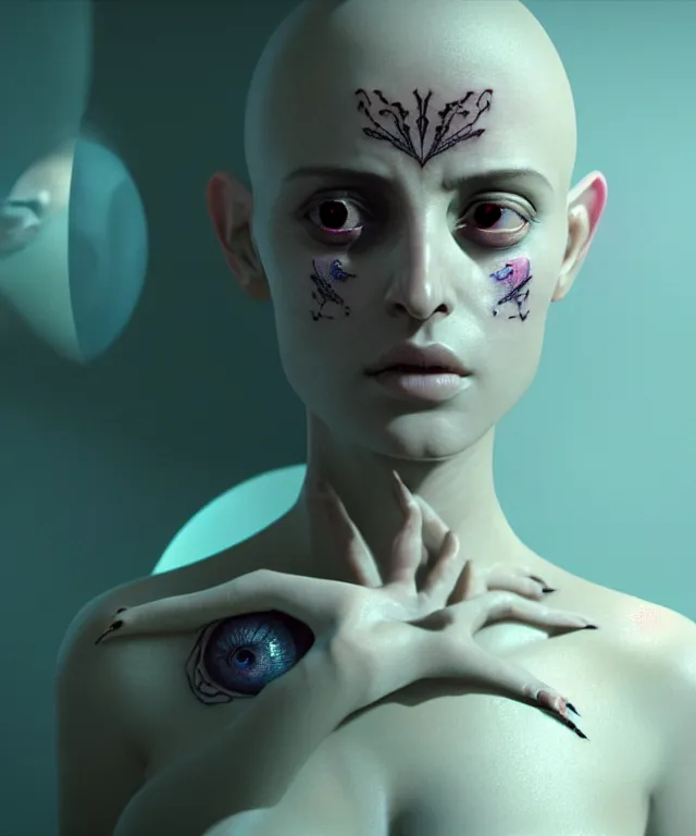 Prompt: portrait of gorgeous woman with alien artefact tattoos and a third eye, wearing white silk with ornates, still from a movie by Terrence Malick, Tarkovsky, Gaspar Noe, James Cameron, intricate artwork by Tooth Wu and wlop and beeple, greg rutkowski, very coherent symmetrical artwork, cinematic, hyper realism, high detail, octane render, rim light, unreal engine, 8k, Vibrant colors, Smooth gradients, High contrast, depth of field
