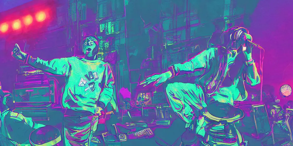 Image similar to rapping into microphone, on stage at festival during lightning storm, digital art, vapor wave, hip hop, surreal, psychedelic, trending on Artstation, professional artist, detailed, 4k