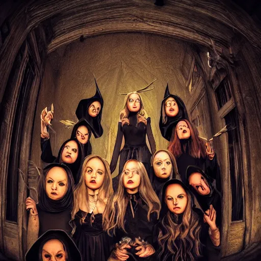 Prompt: a coven of witches [ pointing menacingly at the camera ]!!, fisheye!! lens photography, lens distortion, intricate, detailed facial features!!, chromatic aberration!!, cgsociety contest winner, best on artstation, photorealistic photography, grim lighting, foreboding atmosphere, dark, nighttime, 4 k, 8 k