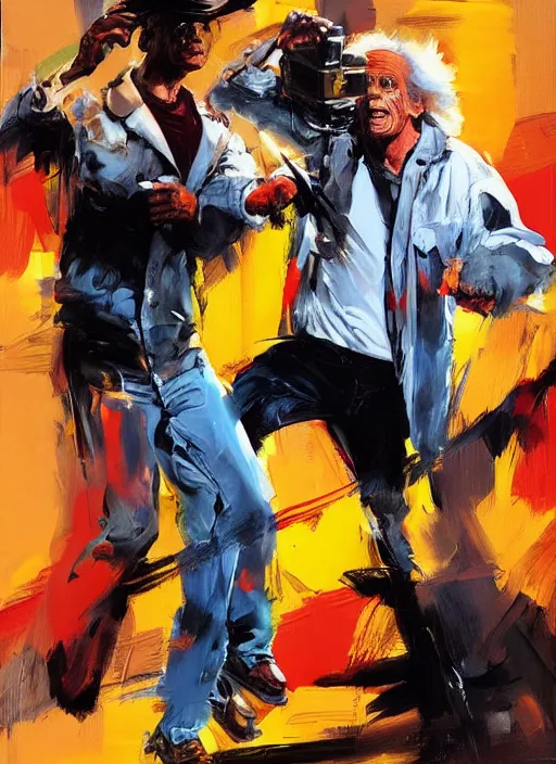 Prompt: doc brown and marty mcfly, painting by phil hale, fransico goya,'action lines '!!!, graphic style, visible brushstrokes, motion blur, blurry, visible paint texture, crisp hd image