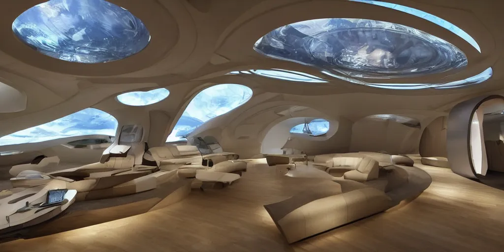 Prompt: From the very detailed luxury interior design vast room of a futuristic science-fiction spaceship with a huge circle glass roof, a beautiful android