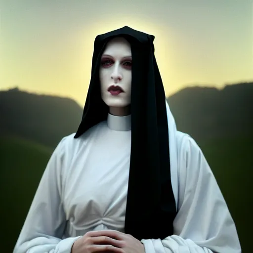 Image similar to photographic portrait of a stunningly beautiful goth nun female in soft dreamy light at sunset, contemporary fashion shoot, by edward robert hughes, annie leibovitz and steve mccurry, david lazar, jimmy nelsson, breathtaking, 8 k resolution, extremely detailed, beautiful, establishing shot, artistic, hyperrealistic, beautiful face, octane render