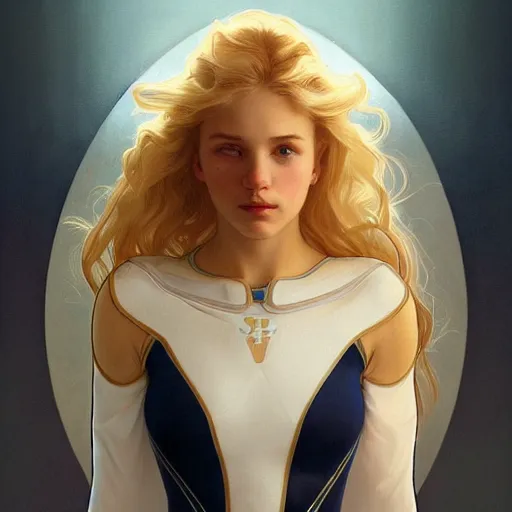 Prompt: a beautiful portrait of a beautiful cute teen superhero girl, blonde hair, tight matte navy - blue bodysuit, white cape, intricate, elegant, 8 k, highly detailed, digital painting, concept art, smooth, sharp focus, illustration, by artgerm greg rutkowski alphonse mucha loish wlop