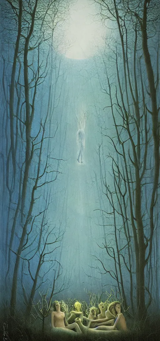 Image similar to painterly dreamy Kupala Night in the blue forest with trees which have eyes, giant flowers, glowing owls, deers, women, lianas, thistles, giant fantasy creatures, a stream and sky with moon and stars by Beksinski, Alex Grey, Aron Wiesenfeld and Giger dark fantasy, witcher, very detailed oil painting in the alla prima style, masterpiece, 8k