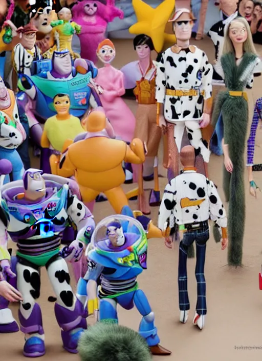 Image similar to hyperrealistic and heavy detailed balenciaga runway show of toy story, leica sl 2 5 0 mm, vivid color, high quality, high textured, real life