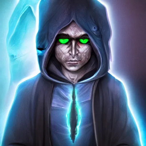 Image similar to a male wizard with glowing eyes, frontal view, cool looking, photoshop