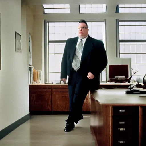 Image similar to cinematic film still from 1 9 9 4 film : portly clean - shaven white man wearing suit and necktie at his desk. he has his right foot propped up on his desk. xf iq 4, f / 1. 4, iso 2 0 0, 1 / 1 6 0 s, 8 k, raw, dramatic lighting, symmetrical balance, in - frame