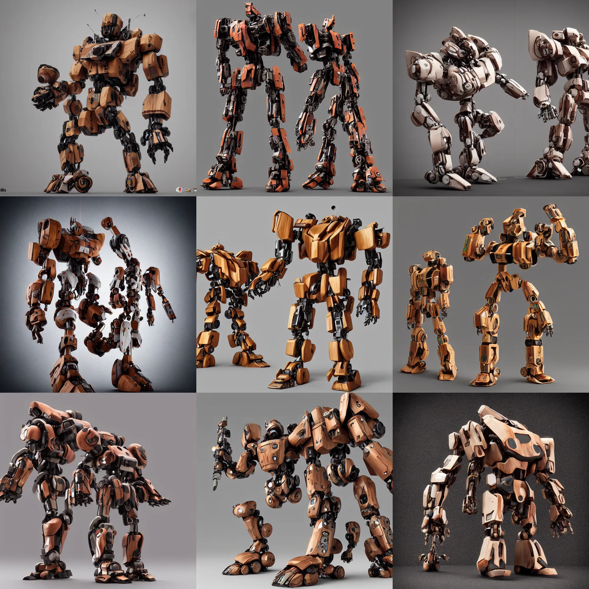 Prompt: 3 d octane render ultra photo realistic, wood figurine cute mecha wood cyberpunk popart