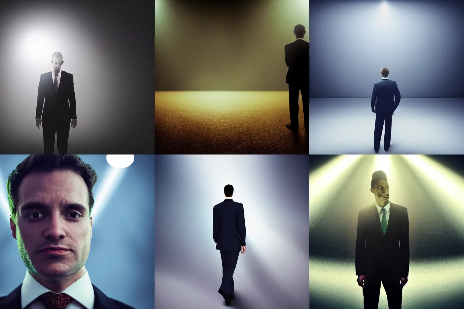 Prompt: man who sold the world, man in suit, volumetric, dramatic light,