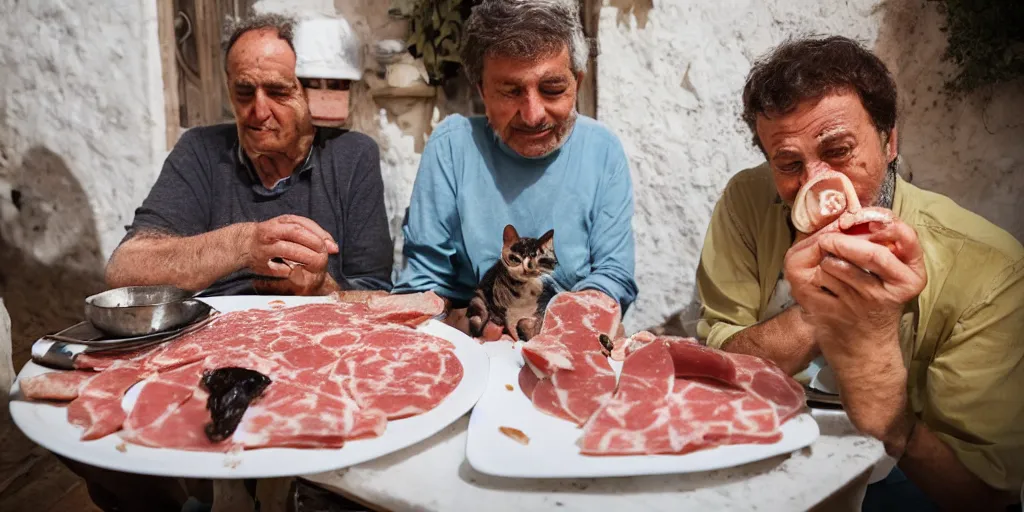 Image similar to photography of a cat eating mortadella with his loved owner at a trullo house, photoreal, 3 5 mm, award winning photography