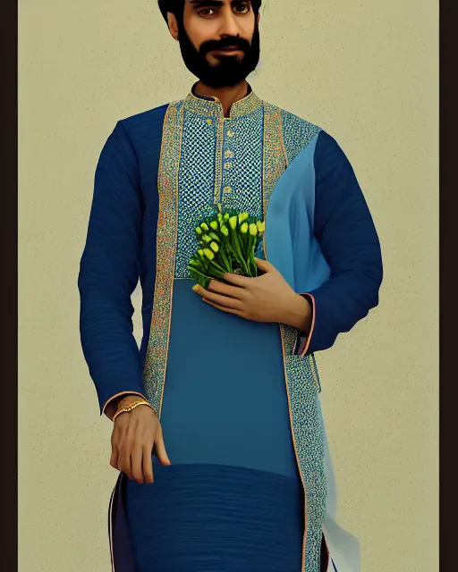 Image similar to a guy in a kurta waiting for his love to come, holding flowers, art by salman toor. faithfully depicted facial expression, perfect anatomy, sharp focus, global illumination, radiant light, detailed and intricate environment, trending on artstation