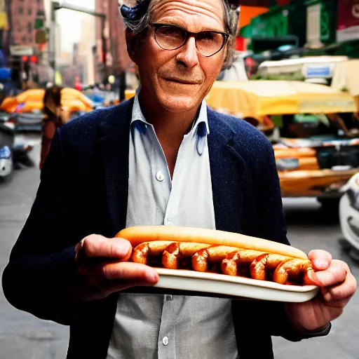 Prompt: closeup portrait of a shady snake oil salesman selling hotdogs in a smoky new york back street, by Annie Leibovitz and Steve McCurry, natural light, detailed face, CANON Eos C300, ƒ1.8, 35mm, 8K, medium-format print