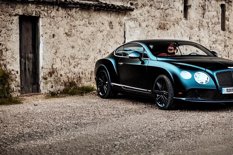 Image similar to modern rusty matte tired Bentley Continental GT without gloss no reflections drives along the road of an old Russian village with houses at the edges