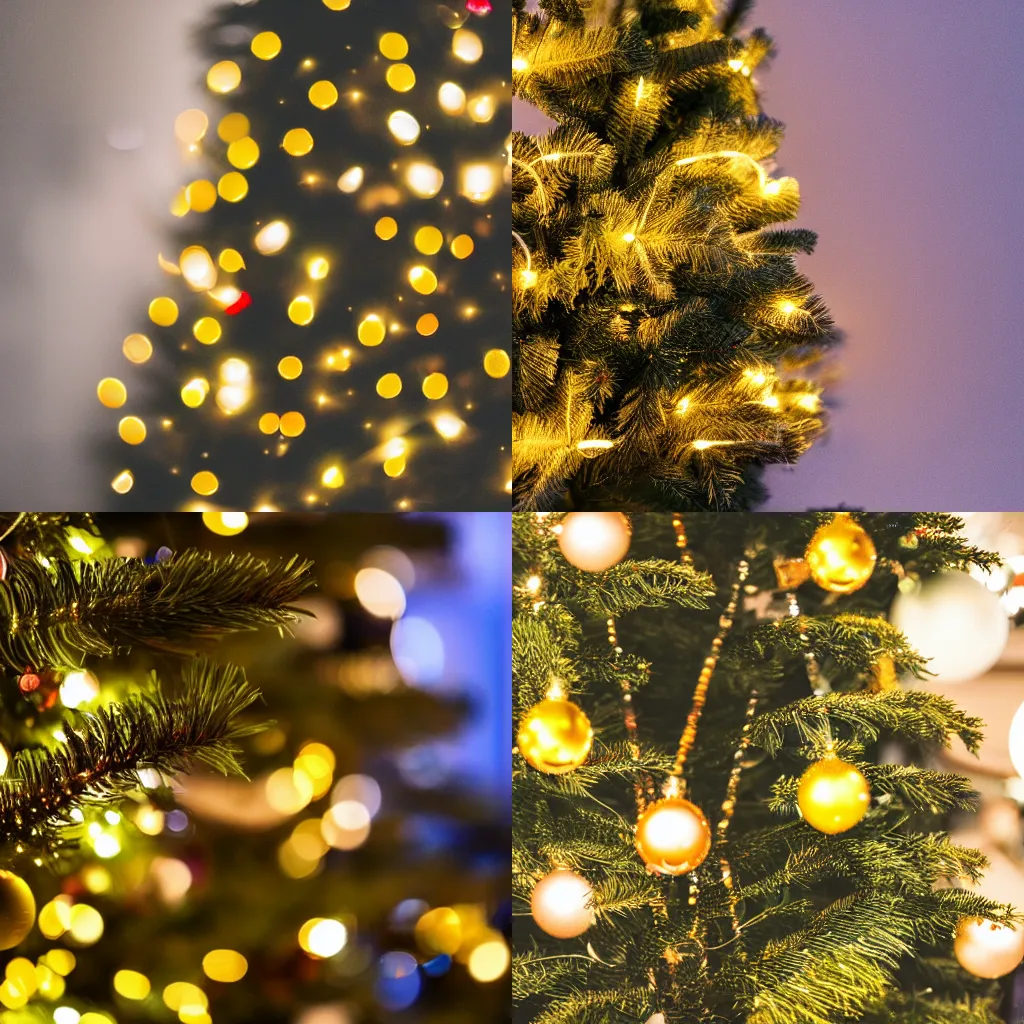 Prompt: close - up of a christmas tree with yellow lights in portrait mode