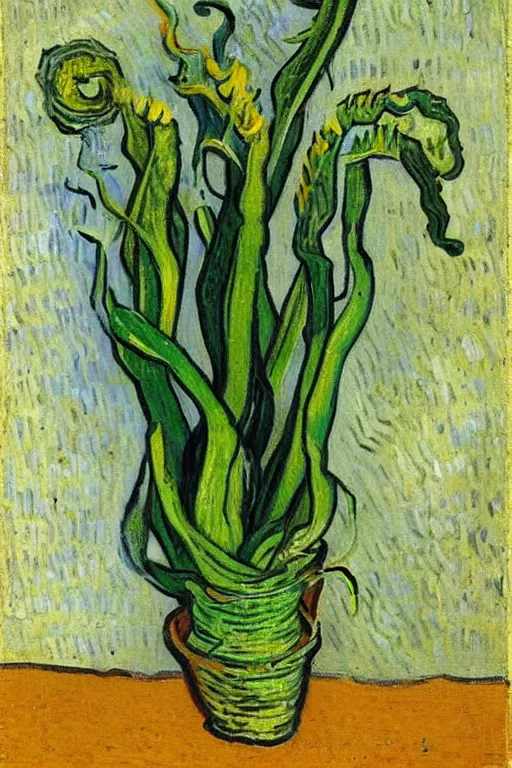 Image similar to Fiddleheads, painted by Vincent Van Gogh (1890), oil on canvas, detailed brushstrokes