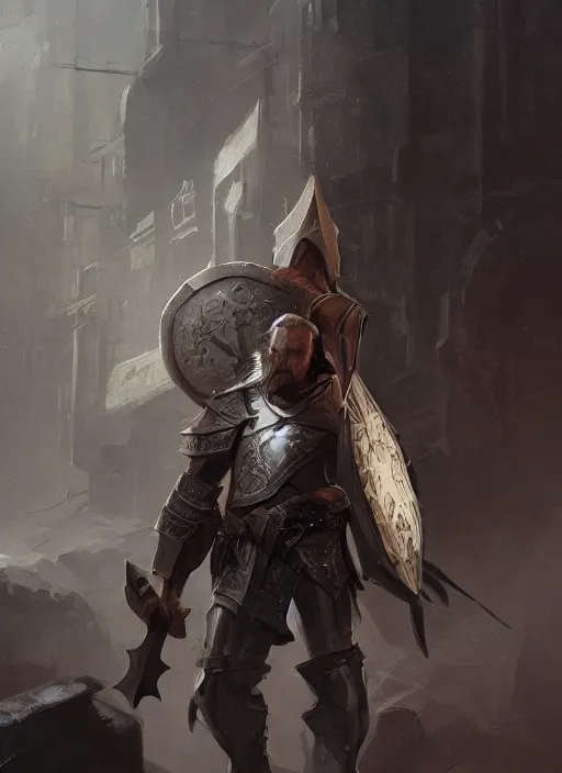 Image similar to portrait of character holding a paladin engraved longsword and carrying a big shield, concept art, by Greg Rutkowski