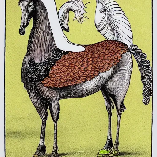 Prompt: horse and a large chicken standing back to back, in a cool pose, childhood illustration, friendly, pen and ink