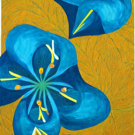 Prompt: an abstract and detailed painting of a lilies buke made out of geometric shapes, using partly gold paint