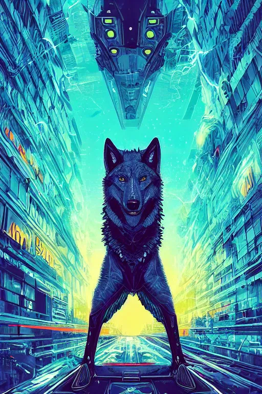 Image similar to portrait of a wolf in a future cybernetic city with thunders in the sky , outrun style and colours, trending on arstation, by dan mumford, by ross tran, symmetry