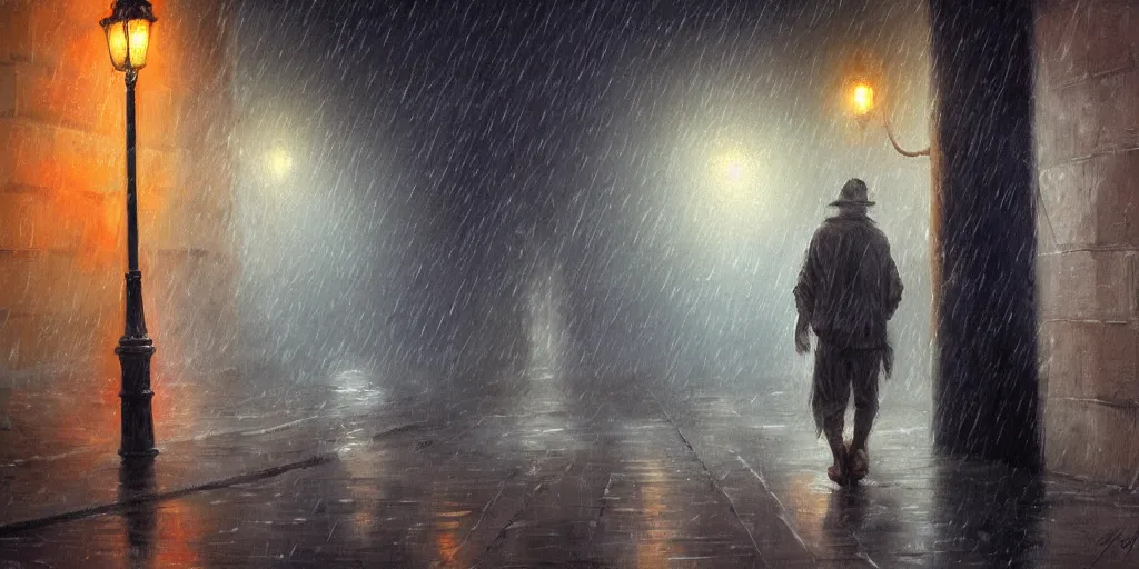 Prompt: Enlightened homeless man in the raining alley by Noah Bradley
