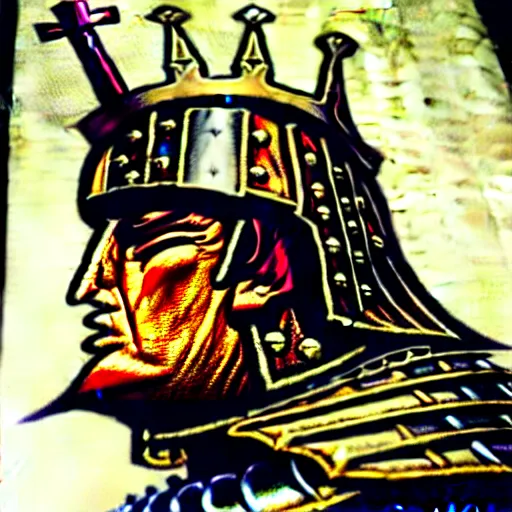 Image similar to knights armor, donald trump, crown!!!!!!, donald trump's face, detailed face, posing like a knight, boots!!!!!!, medieval castle background, valiant, by hans thoma