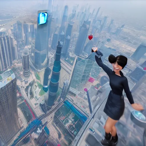 Image similar to spuergirl flying upon shanghai lujiazui, cityscape, cloud day, artstation, 8 k