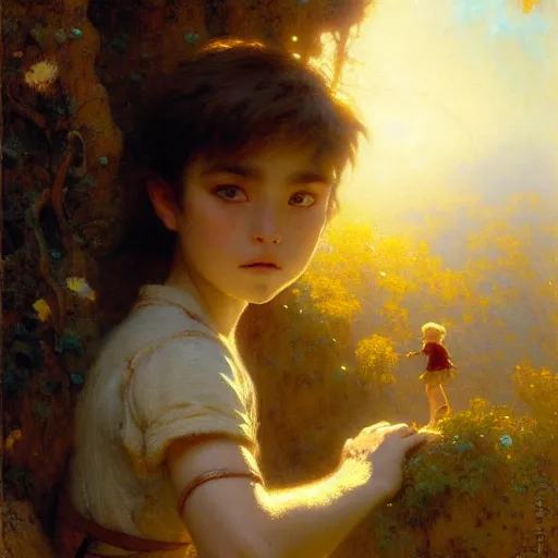 Image similar to a gaston bussiere's film still portrait of child hiker finding a city inside a cava, finely detailed features, closeup at the faces, sun, water, perfect art, gapmoe yandere grimdark, trending on pixiv fanbox, painted by greg rutkowski makoto shinkai takashi takeuchi studio ghibli, gaston bussiere